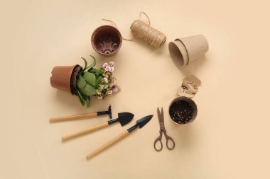 Farklı bahçe aletlerinden yapılmış çerçeve ve bej arka planda bitki