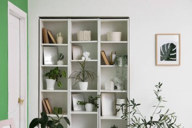 Yatak odasındaki ışık duvarının yanında yeşil bitkiler olan kitaplık.