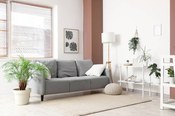 Interior of living room with green plants, sofa and shelf units