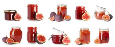 Set of sweet fig jam on white background