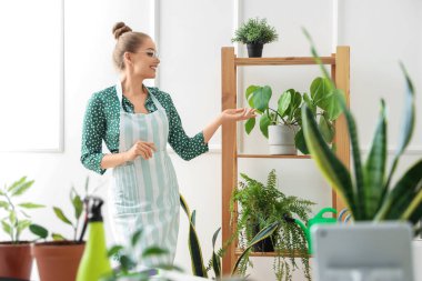 Evde bitkileri olan kadın bahçıvan.