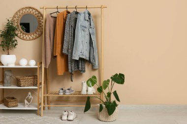 Raflar, raflar kalın giysiler ve aynalar şık koridorun içinde.