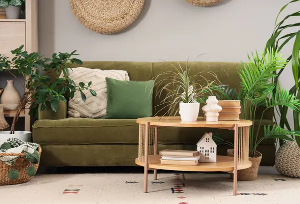 Oturma odasının içinde yeşil kanepe, masa ve bitkiler var.
