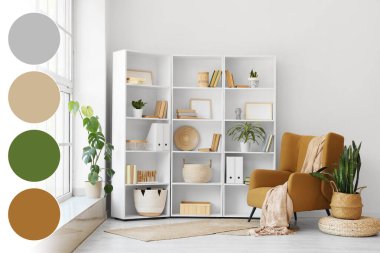 Rafların, koltuğun ve bitkilerin bulunduğu ışık odasının içinde. Farklı renk desenleri