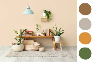 Kitaplar ve ev bitkileriyle dolu bir oda. Farklı renk desenleri