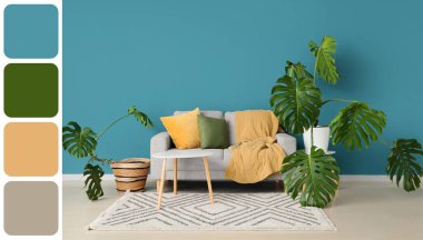 Oturma odasında bitkiler, kanepe ve masa var. Farklı renk desenleri