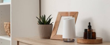 Oturma odasındaki rafta gerekli yağlar ve çerçeveli hava nemlendirici.