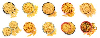 Beyaz arkaplanda farklı makarna türleri kümesi, üst görünüm