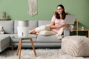 Modern hava nemlendiricisi ve dizüstü bilgisayarı olan genç ve güzel bir kadın evdeki kanepede yatıyor.