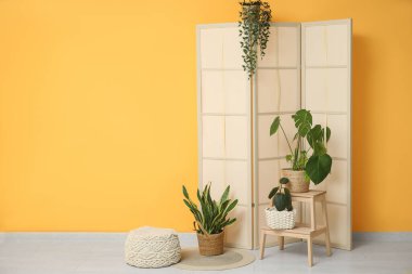 Odanın içinde katlanan perde ve sarı duvarın yanında bitkiler var.