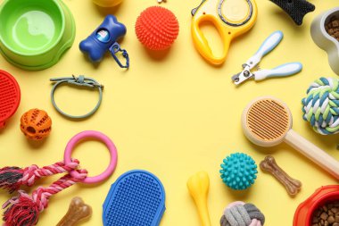 Yemek kasesinden yapılmış çerçeve ve sarı arka planda farklı evcil hayvan aksesuarları