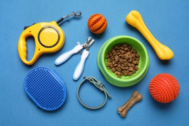 Yemek kasesi ve mavi arka planda farklı hayvan aksesuarları.