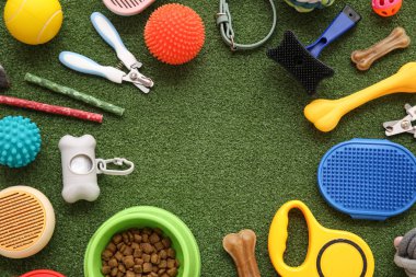 Gıda kasesinden yapılmış çerçeve ve yeşil çimen arka planında farklı hayvan aksesuarları.