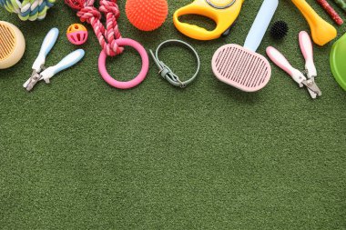 Yeşil çimen arka planında farklı hayvan aksesuarları