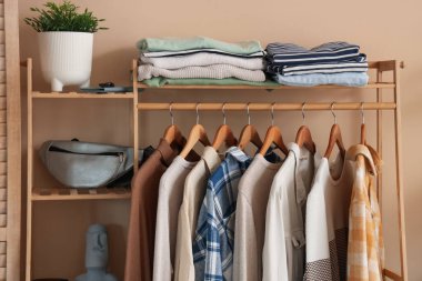 Giysilerle dizilin ve soyunma odasındaki bej duvarın yanında bitki yetiştirin.