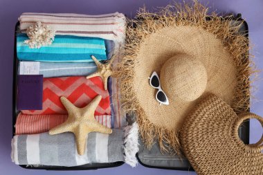 Plaj aksesuarları, pasaport, bilet ve dekorlu bavulu renk arkaplanında aç, kapat