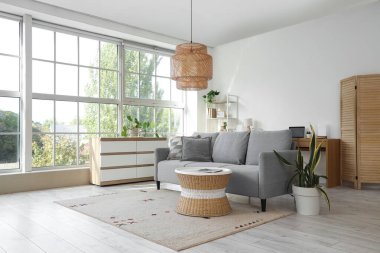 Programcı işyeri, kanepe ve çekmeceleri olan aydınlık oturma odasının içinde.