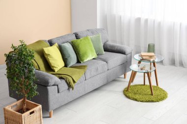 Gri kanepe, masalar ve aydınlık oturma odasının iç tarafındaki pencerenin yanındaki çiçek.