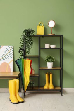 Koridorun içinde raf ünitesi, çizme ve bitkiler var.