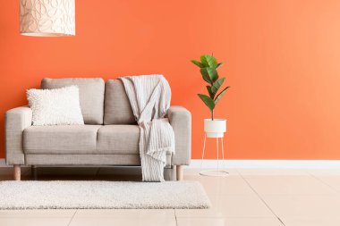 Oturma odasının iç tarafındaki turuncu duvarın yanında rahat bir bej kanepe ve çiçek var.