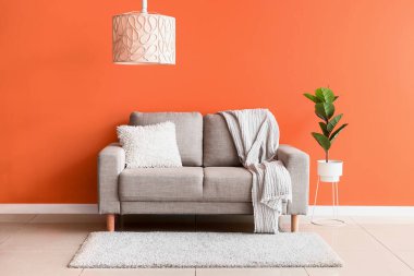 Oturma odasının iç tarafındaki turuncu duvarın yanında rahat bir bej kanepe ve çiçek var.