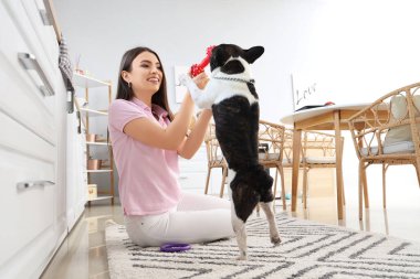 Genç bir kadın mutfakta buldoguyla oynuyor.