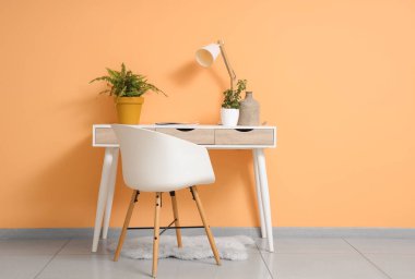 Lamba, vazo, dergi ve ev bitkileri oturma odasındaki turuncu duvarın yanında.