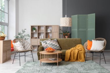 Konforlu kanepe, koltuklar ve sepet. Oturma odasının iç tarafındaki sehpada kayısı var.