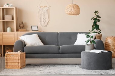 Oturma odasının iç tarafında rahat bir kanepe, puf ve çiçek var.