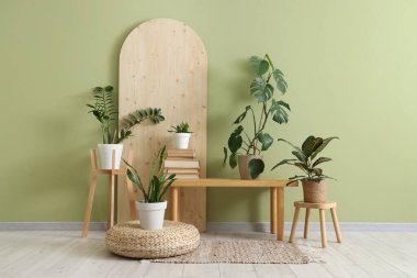 Oturma odasının içinde yeşil bitkiler, ahşap bir bank ve puf.