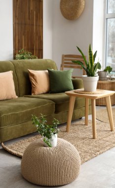 Yeşil çiçekli ve kanepeli aydınlık oturma odasının içi.