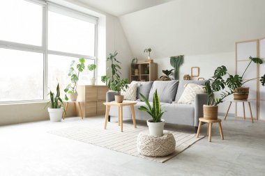 Yeşil çiçekli ve gri kanepeli, aydınlık oturma odasının içi.