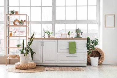 Beyaz tezgahlı, ev bitkilerli ve büyük pencereli şık bir mutfak.