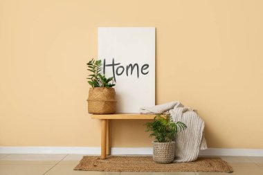 Odanın iç tarafındaki bej duvarın yanında ev bitkileri olan sırık ve hasır sepetler.