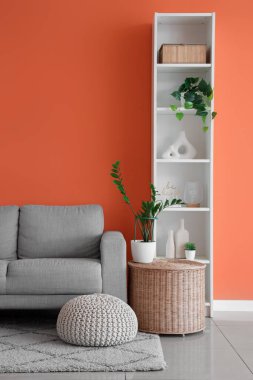 Gri kanepesi, sepeti ve raf ünitesi olan şık bir oturma odası.