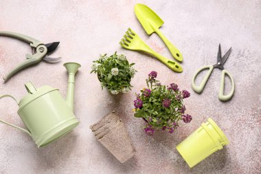 Çiçekli tencereler ve bej grunge arka planda bahçe aletleri