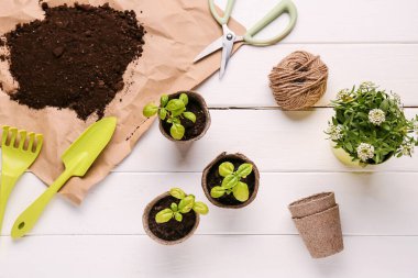 Beyaz ahşap arka planda fidanlı saksılar, toprak ve bahçe aletleri.