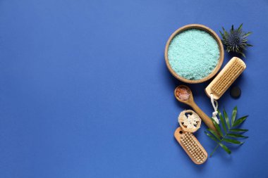 Deniz tuzu, banyo malzemeleri ve mavi arka planda yeşil yapraklı güzel bir spa kompozisyonu.