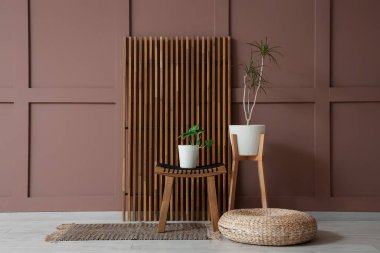 Hasır puf, katlanan ekran ve odanın içindeki kahverengi duvarın yanındaki bitkiler, yakın plan.