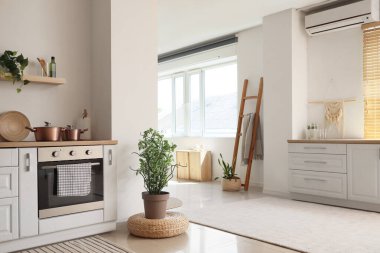 Odanın içinde bulaşık, ev bitkisi ve merdiven bulunan beyaz tezgah.