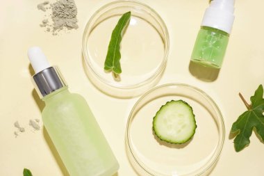 Sarı zemin üzerinde numune, bitki yaprağı, salatalık ve kozmetik ürünleri bulunan petri kapları.