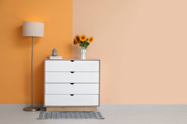 İçinde güzel ayçiçekleri olan vazolar ve oturma odasındaki renkli duvarın yanındaki çekmeceler üzerine kitaplar.