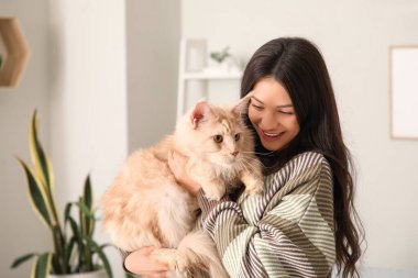 Güzel genç bir bayan evde sevimli bir Maine Rakunu kedisi tutuyor.