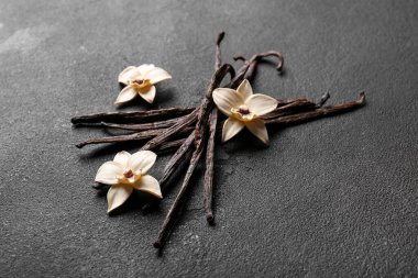 Kurutulmuş vanilya çubukları ve çiçekler siyah grunge arka planda