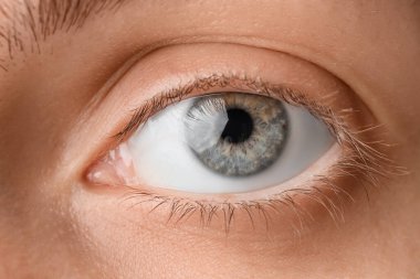 Gri-mavi gözlü genç kadın, yakın plan.