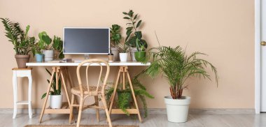 Ofisteki bej duvarın yanındaki masada yeşil çiçekli boş bilgisayar monitörü.