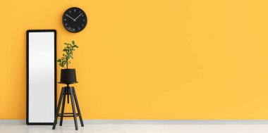 Büyük bir ayna ve sarı duvarın yanındaki taburede saksı. Tasarım için pankart