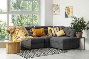 Işıl ışıl oturma odasının içi rahat gri kanepe, sehpa ve çiçekli.