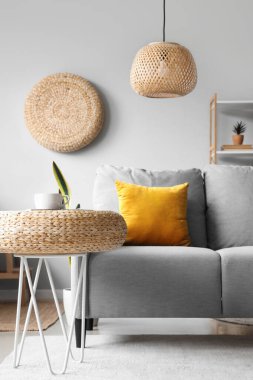 Işıl ışıl oturma odasının içi rahat gri kanepe ve hasır puflarla dolu.