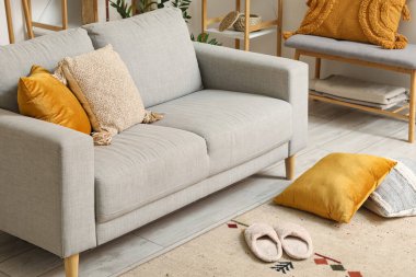 Oturma odasında halının üstünde yumuşak terlikler ve yastıklar